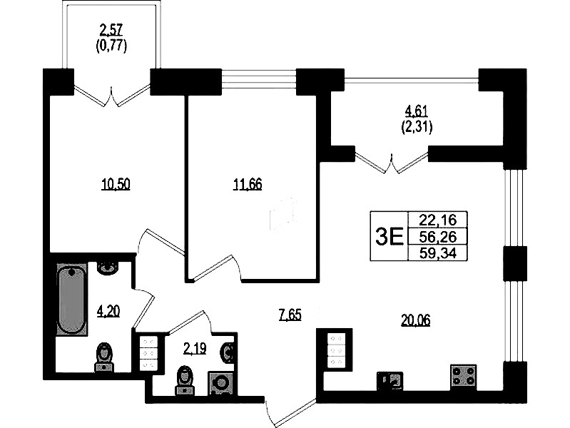 2-комнатная квартира 59.34 м², 3/4 эт., ЖК «Ranta Residence»